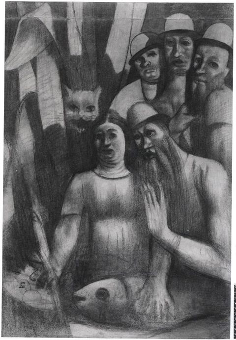 X-radiograph. Black and white image of a woman, four men, and a cat sitting closely around a fish. The woman’s hand rests on the fish, and a bearded man next to her puts his hand on one shoulder.