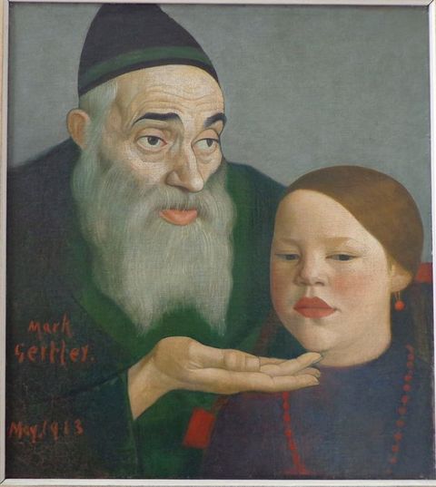 Painting. Shown from the chest up, a man with a long, white beard holds up his hand to lightly touch the chin of a young girl sitting next to him. Both have pale skin. The man wears a black robe and cap. The girl’s copper-brown hair is brushed smooth, and her full lips are red.
