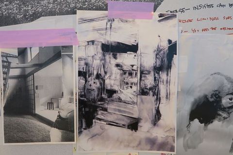 Collage. A black and white photograph of the inside of a lofted space, what might be a print also of the inside of a space, and what appears to be a drawing of a teddy bear are affixed with pink tape.