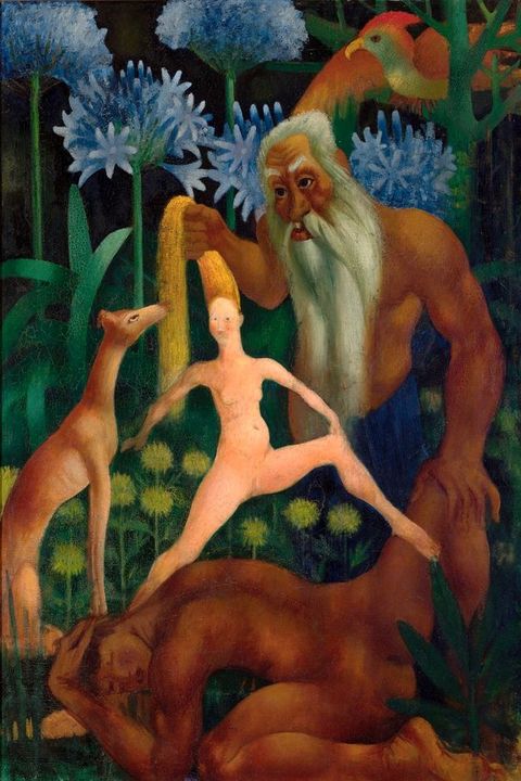 Painting. A white-bearded man, God, pulls a woman up from a second man who lies on the grassy ground in a garden. God and the man, Adam, both have brown skin. The woman, Eve, is lifted by her long blond hair.