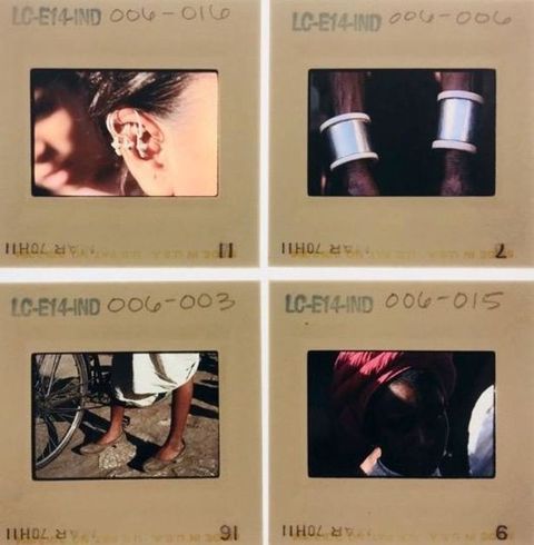 Slides. Six colour slides show horse-drawn carts or carriages, except for the lower right, in which a person rides an adult-sized tricycle.